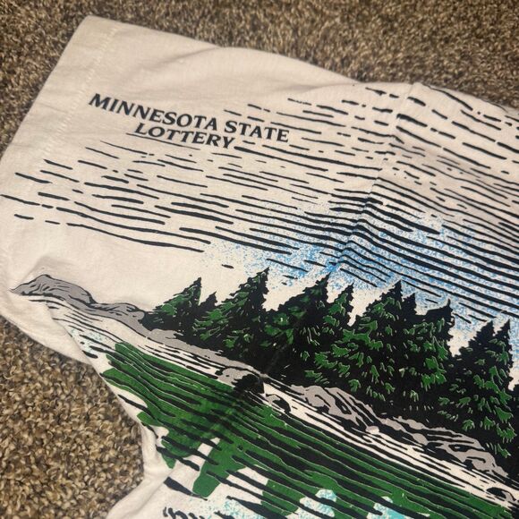 Vintage 90s Minnesota State Lottery Loon All Over Print Anvil T-Shirt Men’s XL - Picture 4 of 8